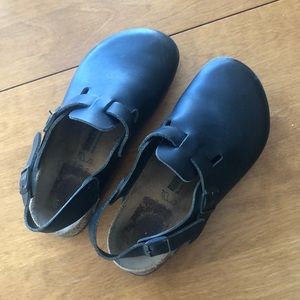 Birkenstock black leather clogs with back strap